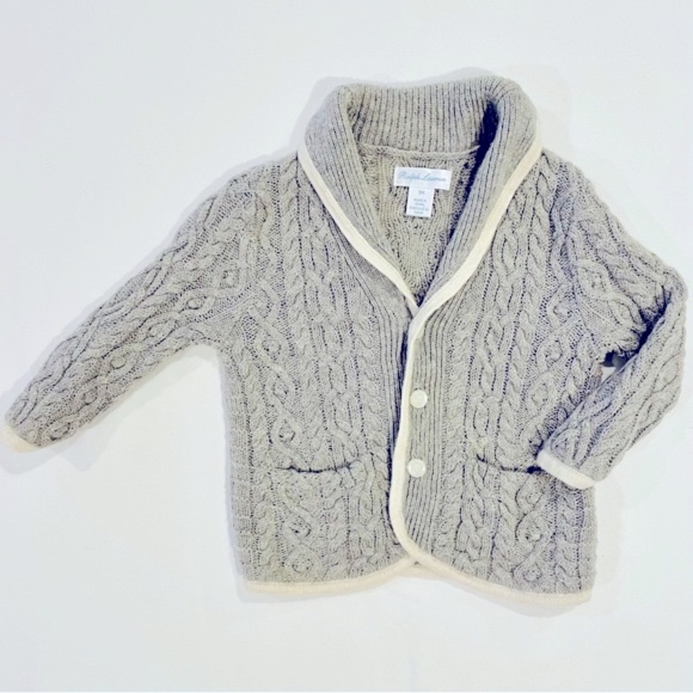 Ralph Lauren Cardigan Sweater Boys 9M Girls Cable Knit Shawl Collar Merino Wool